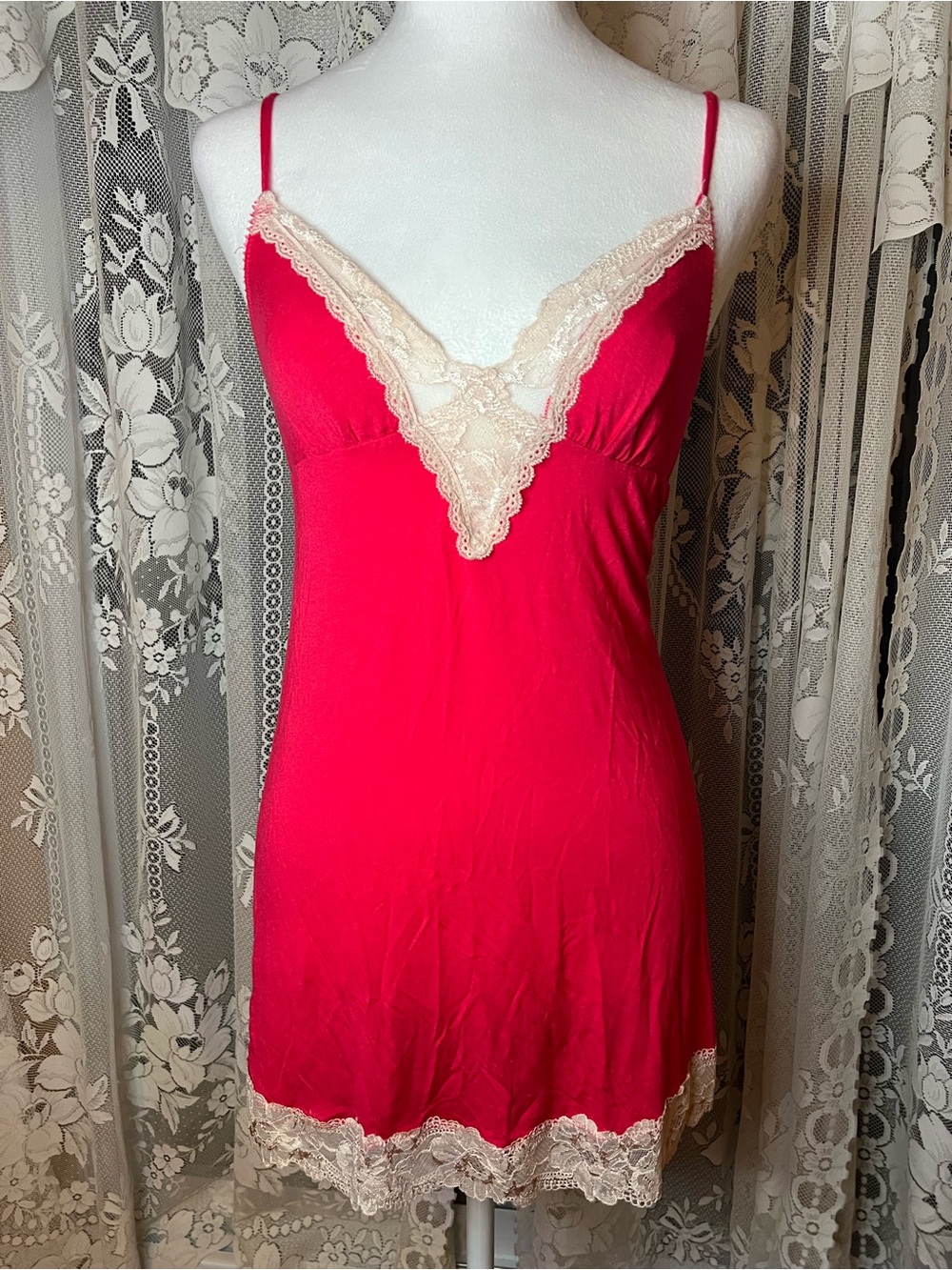 Victoria's Secret Hot Pink Chemise with Cream Lace Trim XS